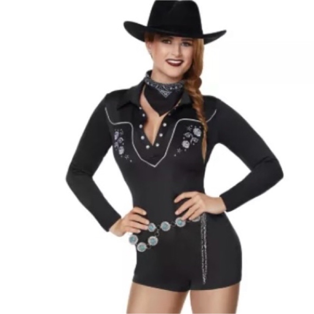 Spirit Halloween Western Cowgirl Costume Black Romper Pearl Snaps S
